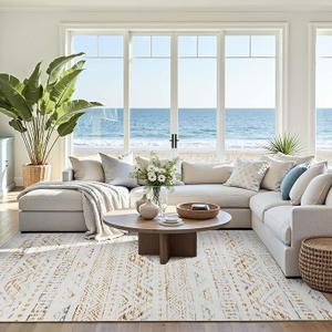 Jinchan Moroccan 5x7 Area Rugs for Bedroom - Machine Washable Soft Modern Geometric Stain Resistant Non-Slip Ultra-Thin Low-Pile Faux Wool Carpet for Living Room Kitchen Dining Room (5x7ft, Taupe)