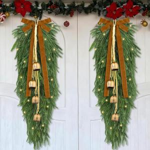 Fovths 2 Pieces 35.5" Christmas Teardrop Swag for Front Door with Brown Bowknot and Lights Artificial Norfork Pine Needles Greenery Swags Wreaths for Christmas Indoor Outdoor Decorations