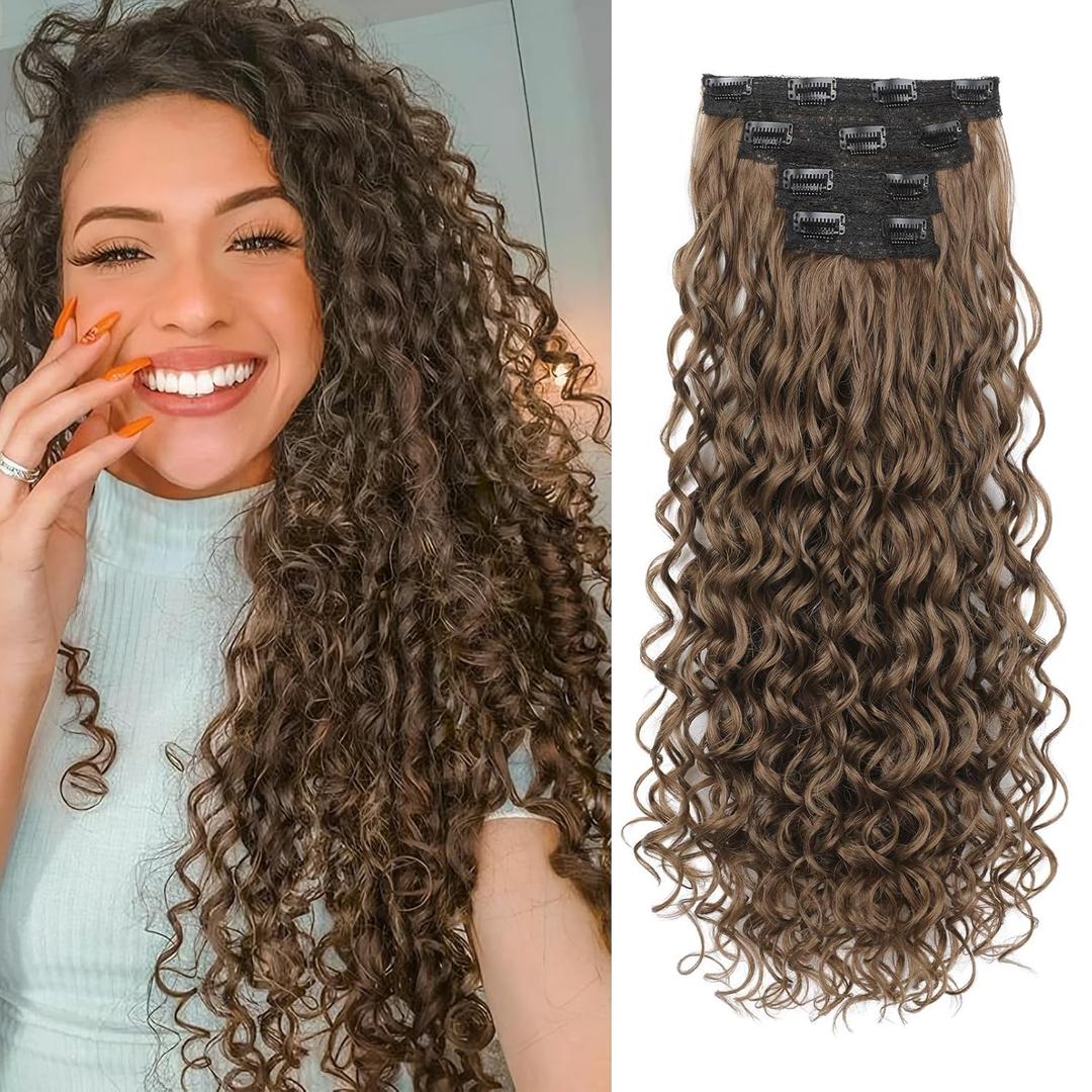 REECHO Curly Hair Extensions, 4PCS 24 inch Clip in Hair Extensions Lace Weft Short Curly Extensions Clip Ins Invisible Natural Hairpieces for Women, Light Brown