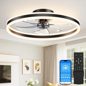 VOLISUN Low Profile Ceiling Fans with Lights and Remote, 27.6in Flush Mount Ceiling Fans with Light, 3000K-6500K Dimmable Fandelier LED Fan Light, Black Bladeless Ceiling Fans with Lights for Bedroom