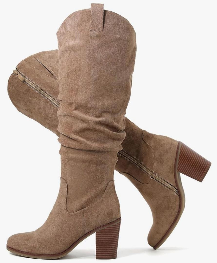 Luoika Women's Extra Wide Calf Cowboy Knee High Boots, Wide Width Cowgirl Slouchy Boots Chunky Pump Heel Plus Size Western Boots Size 10XW