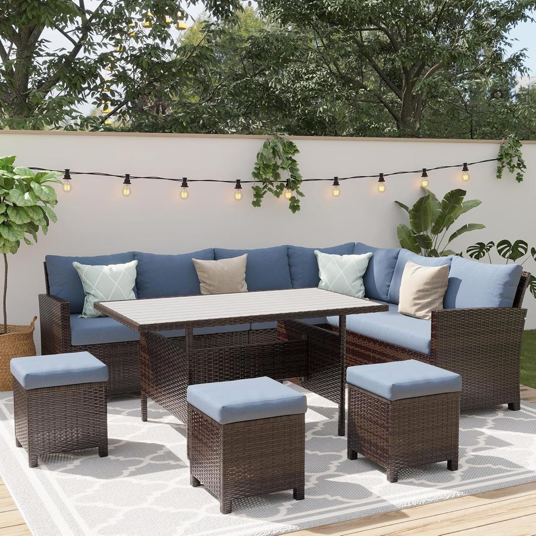 Wisteria Lane Outdoor Patio Furniture Set, 7 Piece Outdoor Dining Sectional Sofa with Dining Table and Chair, All Weather Wicker Conversation Set with Ottoman,Blue (High Back)