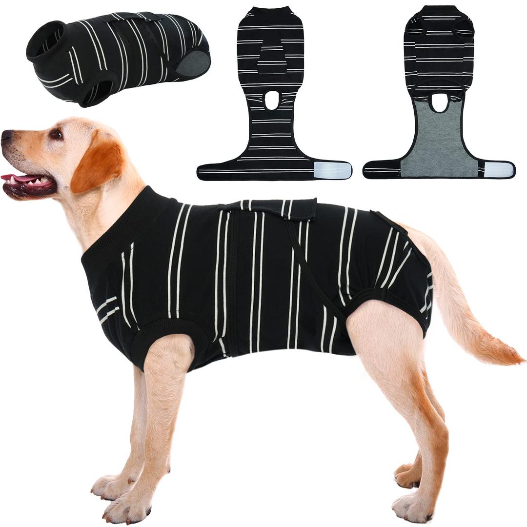 Kuoser Dog Surgery Recovery Suit, Soft Breathable Dog Recovery Suit for Female Spay Male Nueuter, Anti Licking Puppy Onesie Pet Surgical Suit for Dogs Abdominal Wounds Skin Disease, Black Strips L