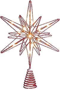 Large Christmas Star Tree Topper with 20 LED Lights, Glitter Star Tree Topper Sparkle Xmas Treetop Ornament for Christmas Trees Party Holiday Decorations(13 Inch,Red)