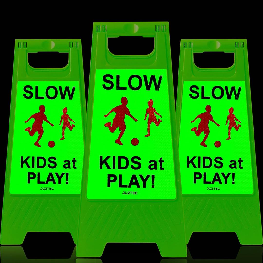 Children at Play Safety Signs for Street - Kids Playing Reflective Caution Sign for Neighborhoods (3 Pack) - Slow Down (Green)