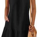 PRETTYGARDEN Casual Short Summer Dresses for Women 2025 Sleeveless Crewneck Cute Ruffle Loose Vacation Mini Tshirt Dress (Large, Black)