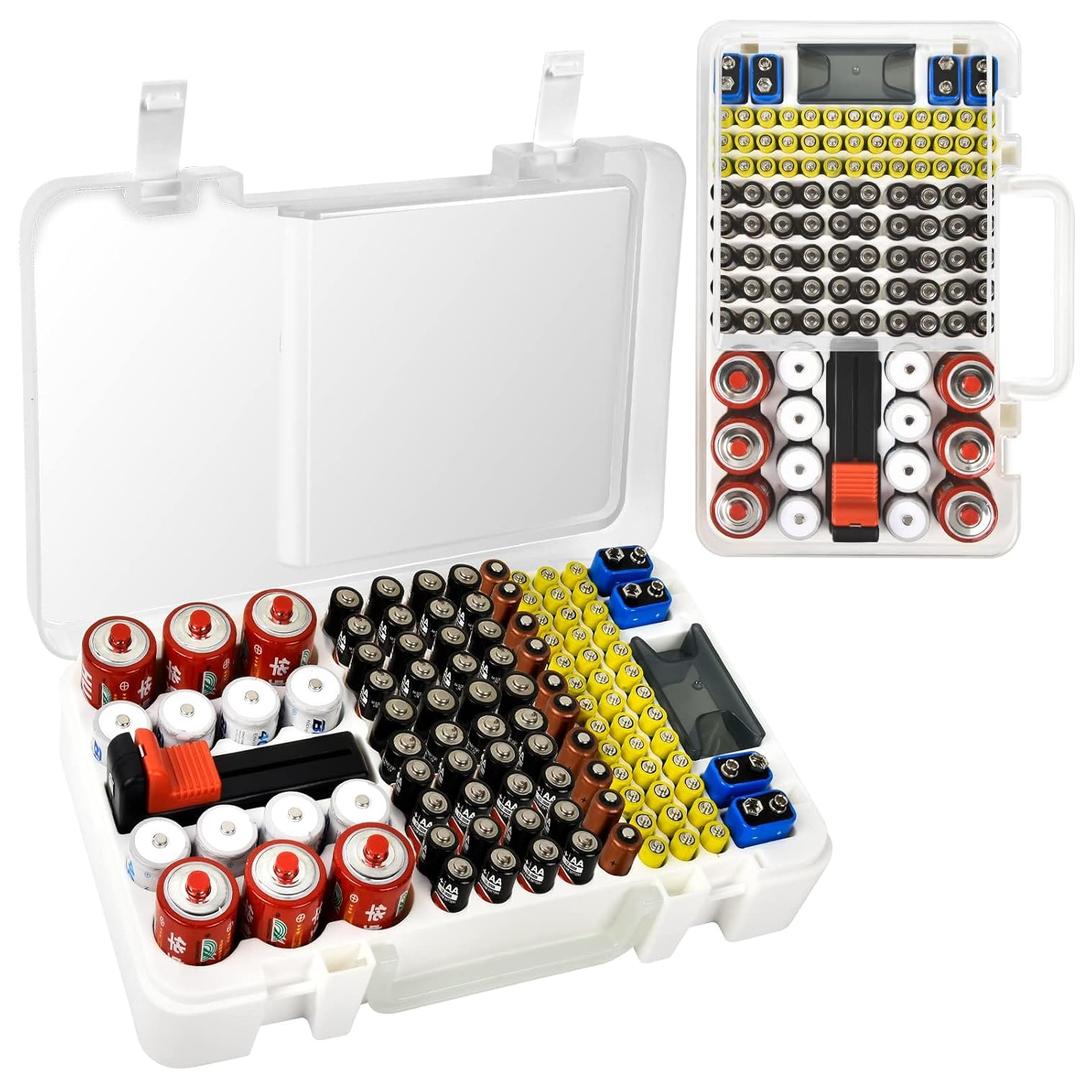 Battery Organizer Storage Case with Tester Checker. Batteries Holder Box Container for 120+ AA AAA 9V C D Lithium CR2025 CR1632 CR2032 Coin Cell Battery with Wall-Mounted Design -Transparency (White)
