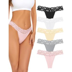 voenxe Seamless Thong for Women,No Show Lace Underwear,Ladies Cotton Blend Breathable Panties,Comfort Soft Undie,Tanga,5-Pack (Small, Basic)