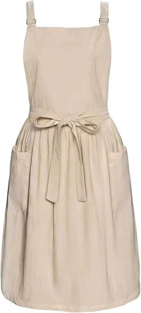 Apron for Women with Pockets Cotton Linen Metal Clip Adjust Kitchen Cooking Baking Gardening Dress Chef Apron