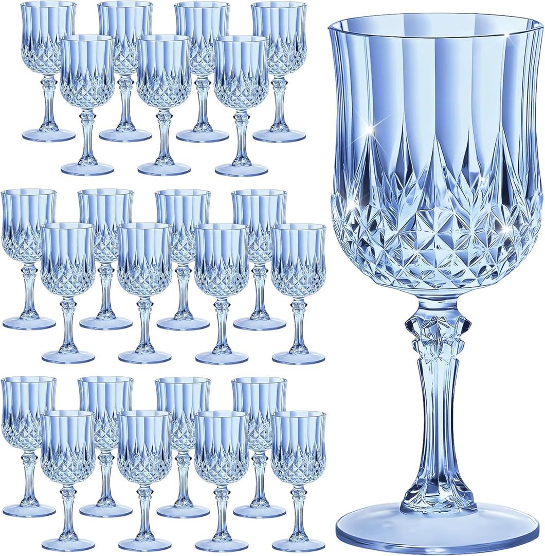 7OZ Plastic Wine Glasses, Reusable Vintage Goblets Unbreakable Drinking Glasses Crystal Water Cups Champagne for Wedding, Parties, Mother's Day (24, Blue)