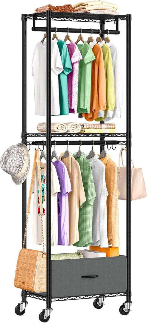 Clothes Rack with Drawers, Freestanding Rolling Garment Rack for Hanging Clothes, Closet Organizer Adjustable Metal Wire Shelving Wardrobe with Rods Portable Closet Shelf with Wheels, Black (Small)