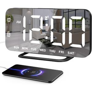 Slim LED Digital Alarm Clock, Mirror Surface for Makeup, with Diming, Large Display, Easy Setting, USB Ports, Modern Decor for Bedroom, Desk, Idea Holiday Gift for Women, Sister, College Girl, Black