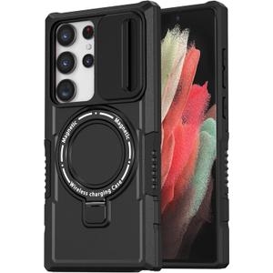 for Samsung Galaxy S21 Ultra Magnetic Case [Compatible with MagSafe] with Camera Cover & Magnetic Ring Kickstand, Military Grade Heavy Duty Case for Samsung S21 Ultra 6.8'', Black