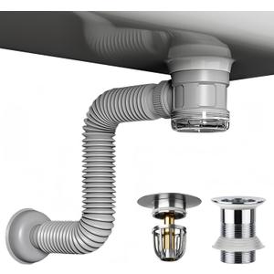 Bathroom Sink Drain Kit with Flexible Expandable Pipe: Odor-Free & Backflow-Preventing, Space-Saving Design without a P-trap, For 1-1/4'' & 1-1/2'' Drain Hole (Chrome, Without Overflow)