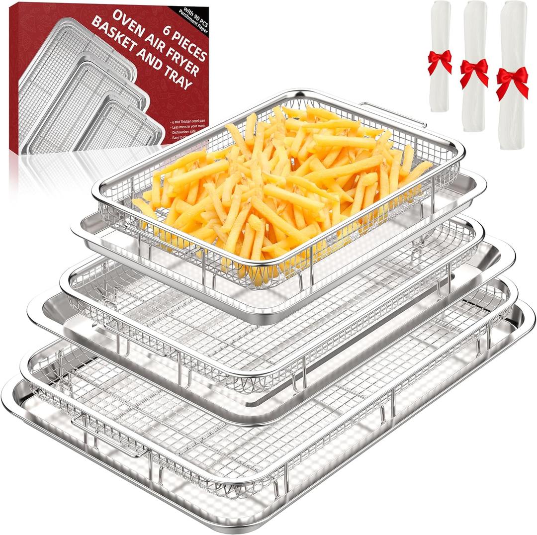 3 Set Air Fryer Basket, Air Fryer Pans and Tray for Oven with 90 PCS Parchment Papers, DEGOVIN Non-stick Stainless Steel Oven Air Fryer Basket and Tray-18.8" x 12.8" &14.88"10.98"&12.8" x 8.9"