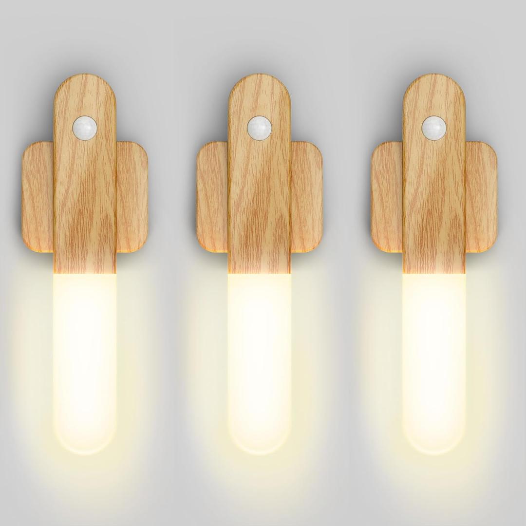 iThird Motion Sensor Light Indoor - Wireless Wall Light, lumi Light, Magnet Rechargeable Wall Sconces, Portable Night Lights, LED Lights for Closet, Bathroom (Beech 3PCS)