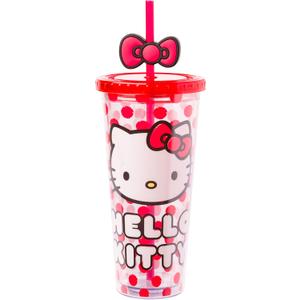 Silver Buffalo Sanrio Hello Kitty Bow Red Polka Dots Plastic Cold Cup with Lid and Straw Topper, 24 Ounces