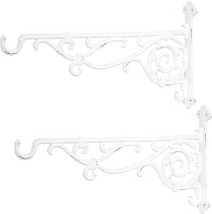 Sungmor Cast Iron Hanging Plant Bracket, 16.5" Large Outdoor Wall Plant Hangers, 2pcs White Heavy Duty Hanging Basket Hooks, Decorative Hooks for Flower Pot, Lantern, Wind Chime, Hummingbird Feeder