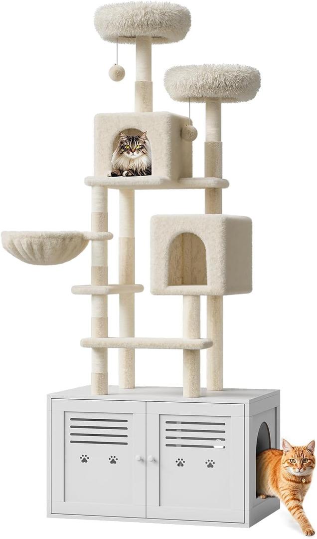 75.6-Inch Tall Cat Tree with Litter Box Enclosure 2-in-1 Modern Large Cat Tower for Indoor Cats with Double Condos/Scratching Posts/Hammock/Plush Perches, Cats Hidden Litter Box Furniture, White