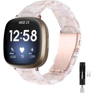 Resin Watch Band Compatible with Fitbit Versa 4/Sense 2/Versa 3/Fitbit Sense, Lightweight Adjustable Fashion Bracelet Wristband Replacement for Women Men with Stainless Metal BucklePink