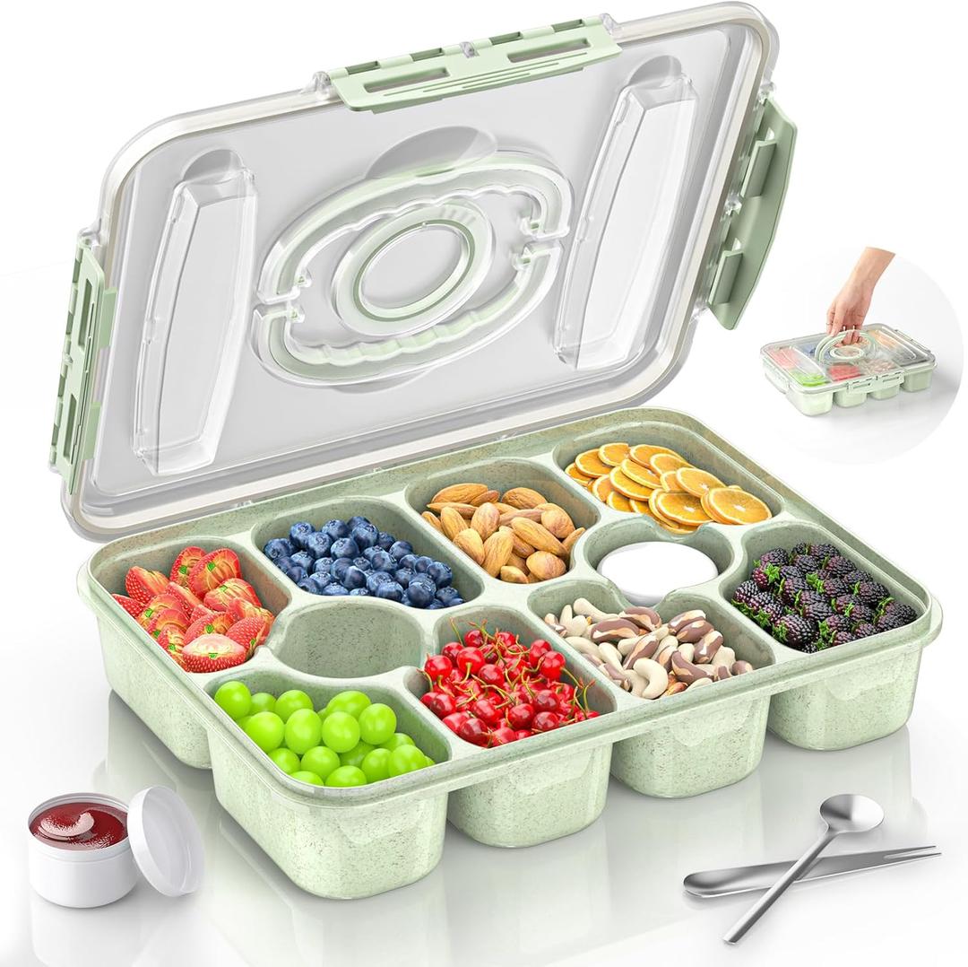Snackle Box Container - Dishwasher Safe Divided Serving Tray with Lid and Handle for Fruits, Charcuterie, Nuts and Candy, Snack Containers Perfect for Travel Party Picnic, 2 Pack Green