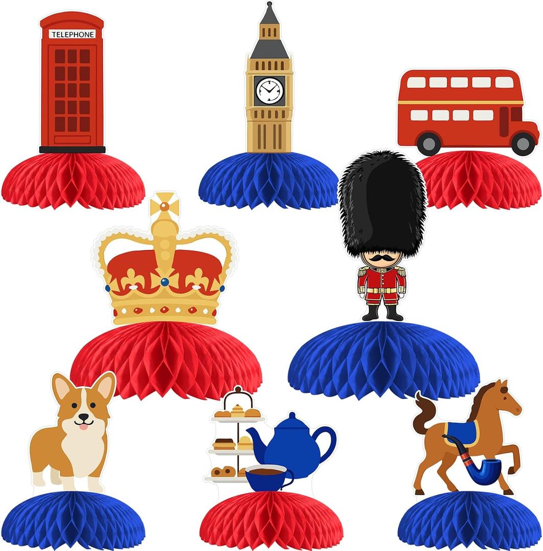 8 Pcs British UK Honeycomb Centerpieces Decorations, London Table Toppers Decor, England 3D Table Signs for National Day Baby Shower Birthday Party Supplies