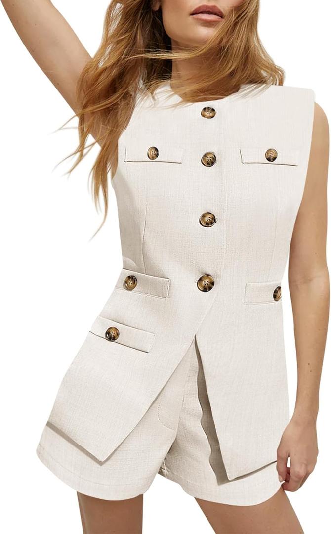 Tankaneo Womens 2 Piece Outfits Casual Suit Sets Sleeveless Button Down Blazer Vest Shorts Office Business Matching Set (Medium, White)