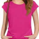 ZDC Girls Short Cap Sleeve T Shirts Kids Crewneck Summer Tops Basic Tees 5-14 Years (Pink)