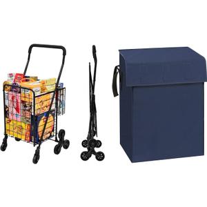 Grocery Shopping Cart with 360 Rolling Swivel Wheels Stair Climber with Blue Liner
