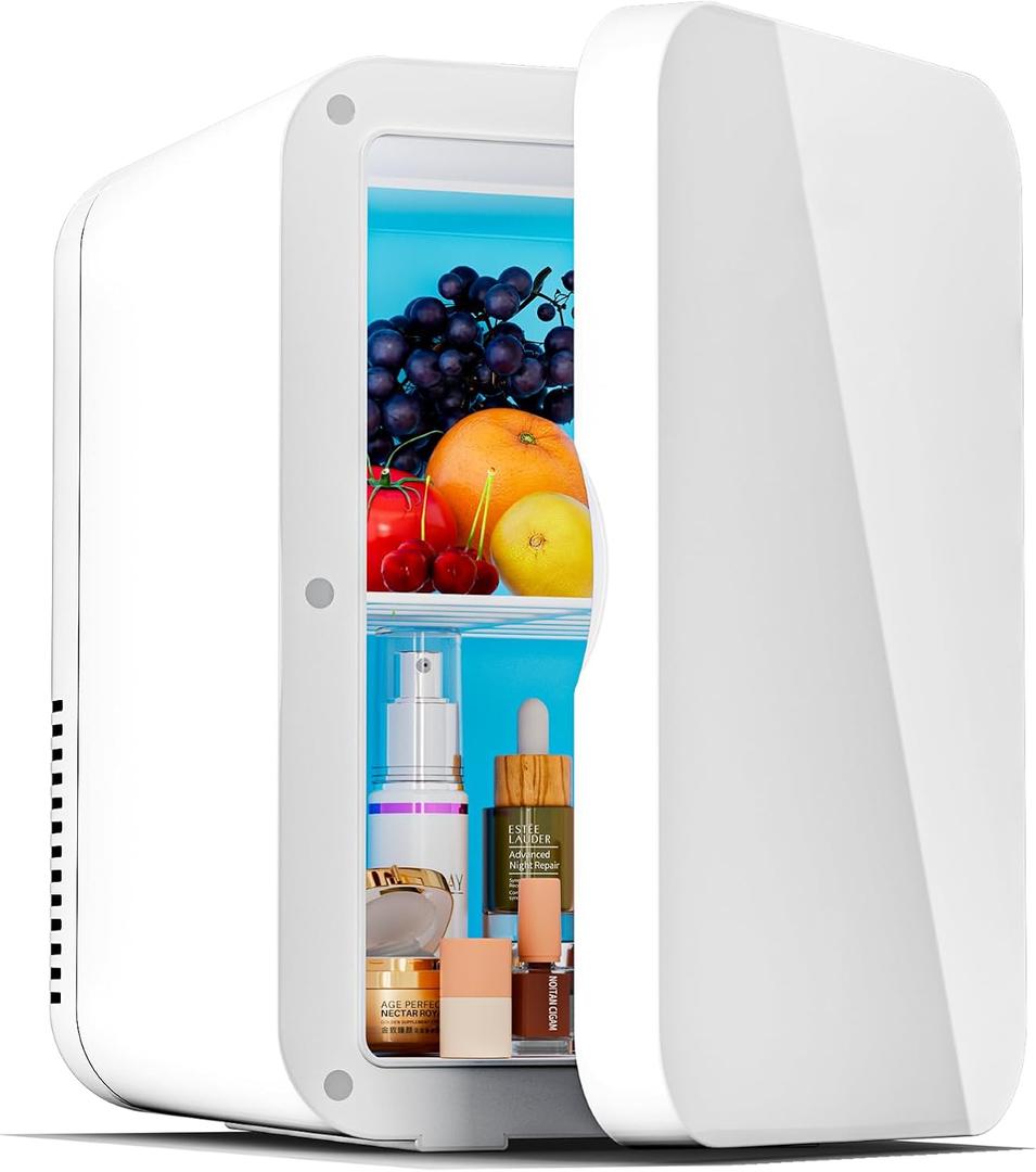 Mini Fridge for Bedroom - 8 Liter/8 Can Portable Refrigerator for Car, Office, Dorm - Quiet Cooler & Warmer for Food, Drinks, Makeup & Skincare - AC/DC Power Supply