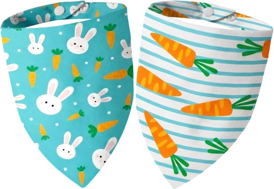 Dimidium Easter Dog Bandanas 2-Pack - Cute Design, White Green Stripe Carrot Print & Green Base Bunny Carrot Motif, Snap Button Adjustable Pet Scarf for Medium & Large Breeds (30-75lbs)