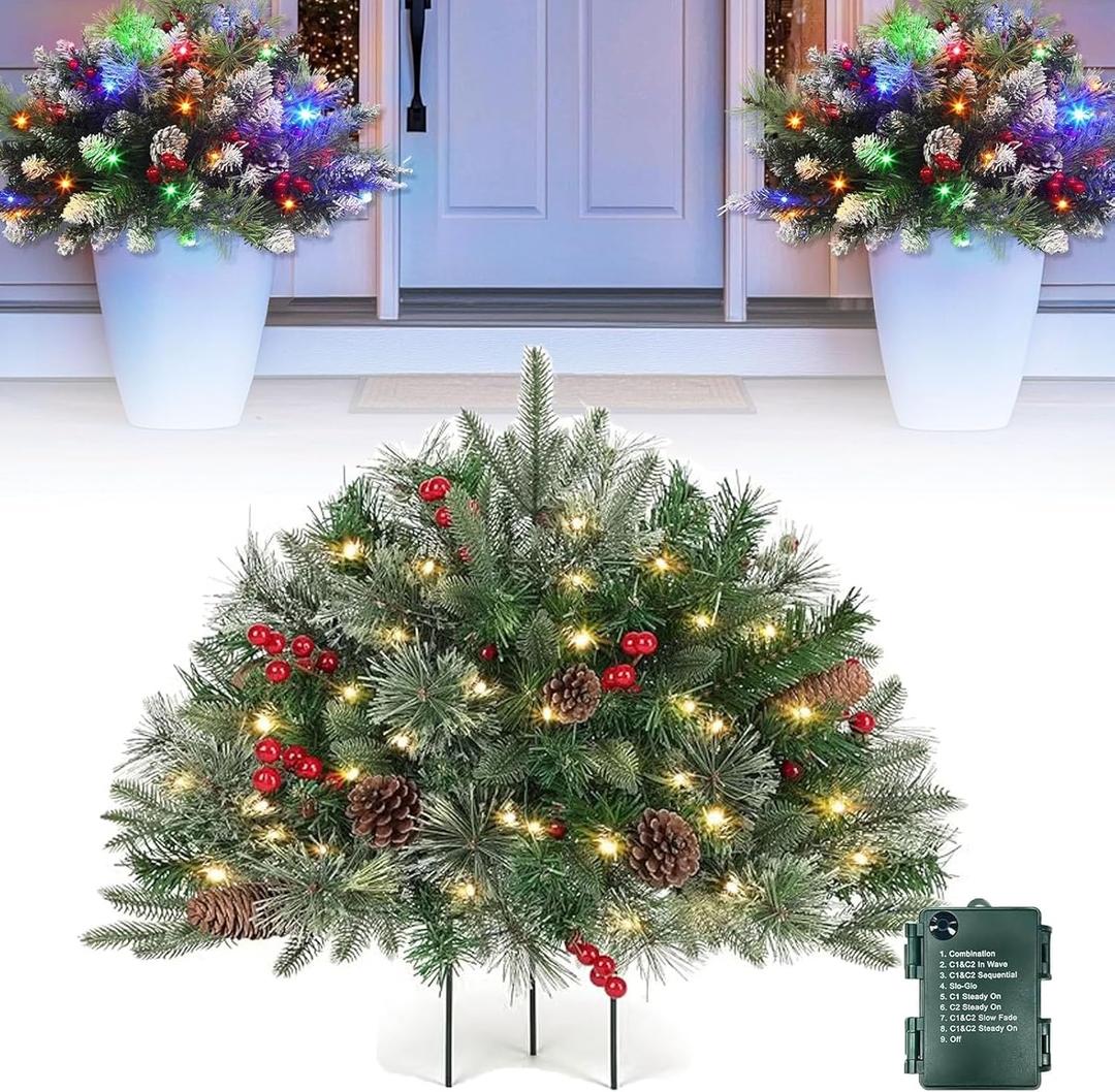 Pre-Lit Artificial Christmas Tree Urn Filler,Lighted Holiday Planter Filler Outdoor,Prelit Planter Bushes Christmas,with Lights and Tripod Stake,8 Modes & Timer,Holiday Porch,Patio(Green-A,1PC) (6in)