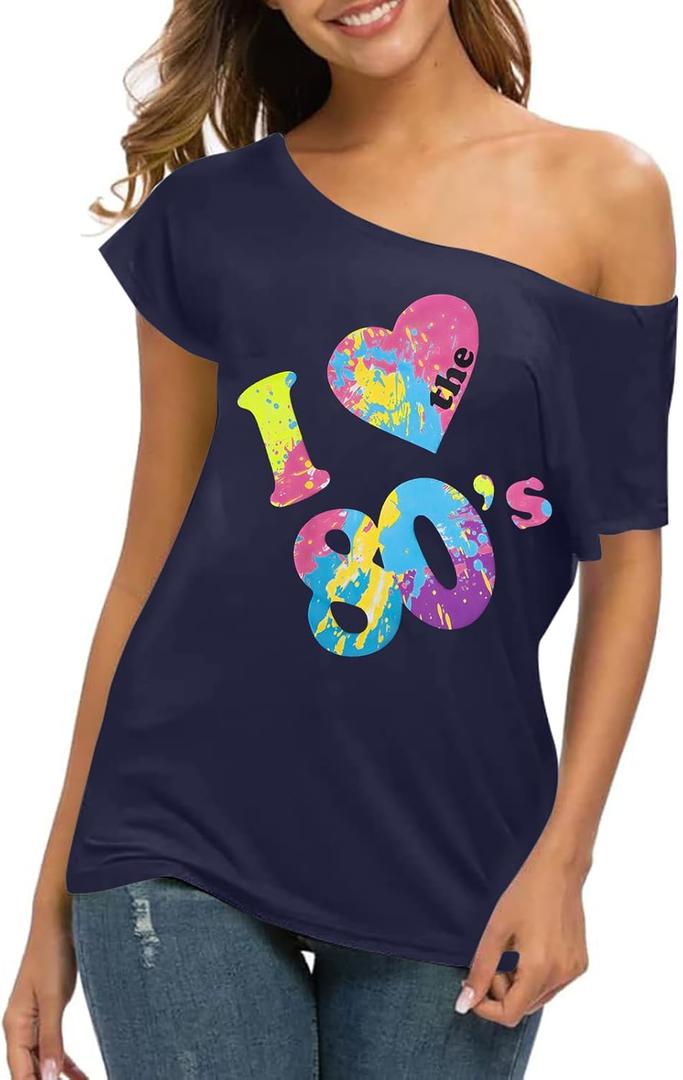 80s Outfit for Women 80's Retro Theme Party Shirts Vintage Disco Outfits 1980s Clothes 90s Neon Off Shoulder Tops (XL)