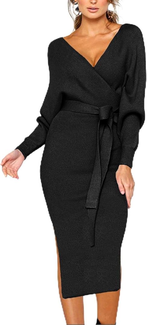 CHERFLY Women's V Neck Sweater Dresses Batwing Long Sleeve Backless Bodycon Long Dress with Belt (Black Beauty), XL