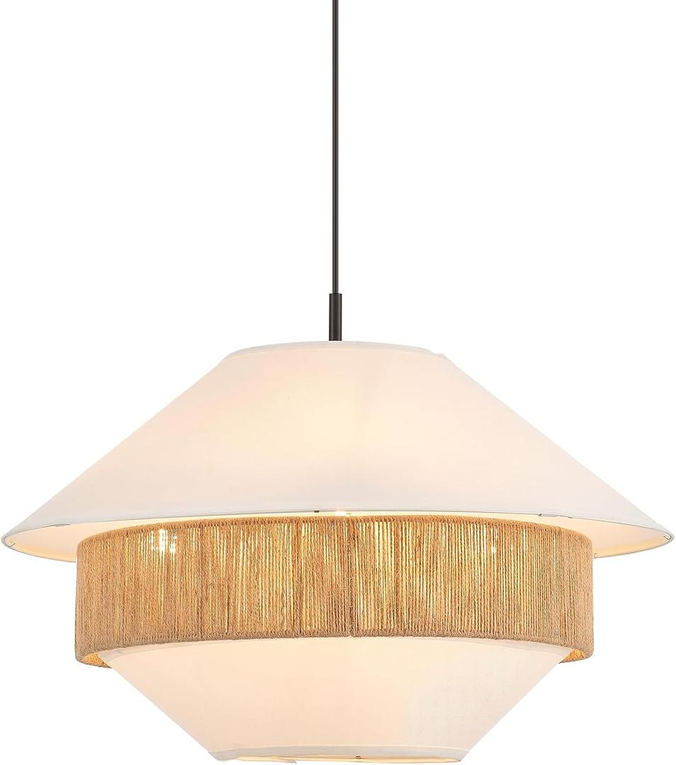 24 Boho Chandelier Hand Woven Rattan Off White Fabric Pendant Light Adjustable Coastal Pendant Lighting Fixtures for Dining Living Room Bedroom Kitchen, UL Listed