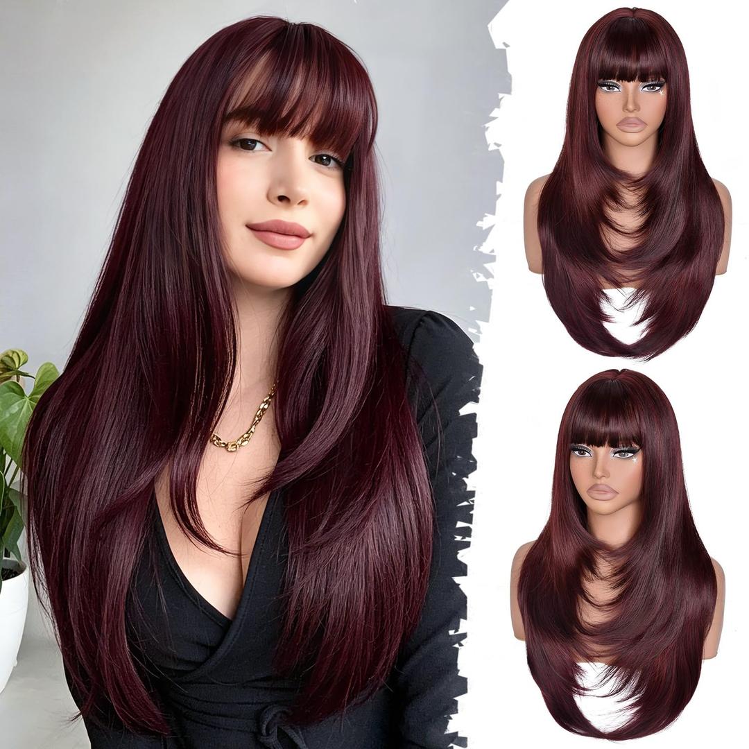 Long Layered Red Wig with Bangs Straight Synthetic Wigs for Women 26 Inch | Beginner Friendly Realistic Scalp Wig for Daily and Cosplay Wear Women Funny Wig for Party Halloween Costume Events Wear