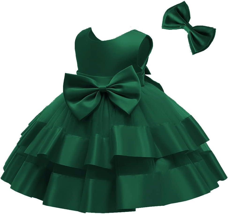 Pideno Toddler Girl Bowknot Backless Tutu Gown Ruffle Lace Tulle Pageant Dress Baby Party Dresses with Headwear Dark Green, Size: 12-18 Months