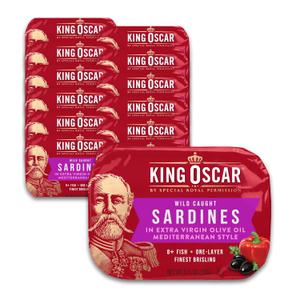 King Oscar Premium Sardines in Extra Virgin Olive Oil, Mediterranean Style, 3.75 Ounce Cans (Pack of 12), Wild Caught Sardines, BB Date: 01/26/2031