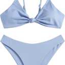 ZAFUL Women's Low Waisted Textured Knotted Cheeky Cami Bikini Set Two Piece Swimsuit (2-Light Blue2, M)