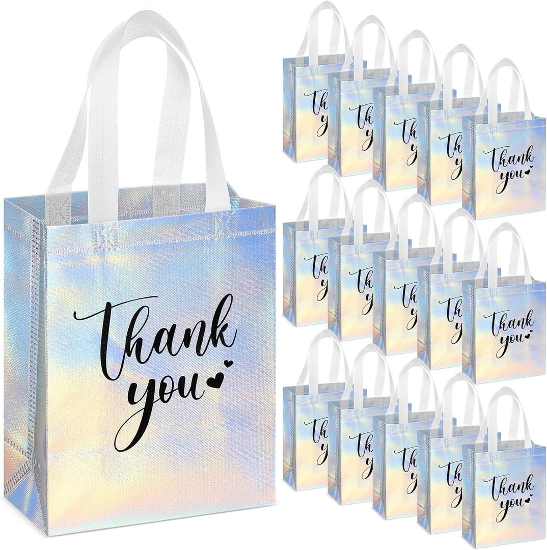 SilTriangle 50 Pcs Thank You Gift Bags with Handles Bulk Reusable Non Woven Bags Bridesmaid Souvenir Handbags for Wedding Easter Graduation Sorority Birthday(10 x 8 x 4 Inch,Laser)