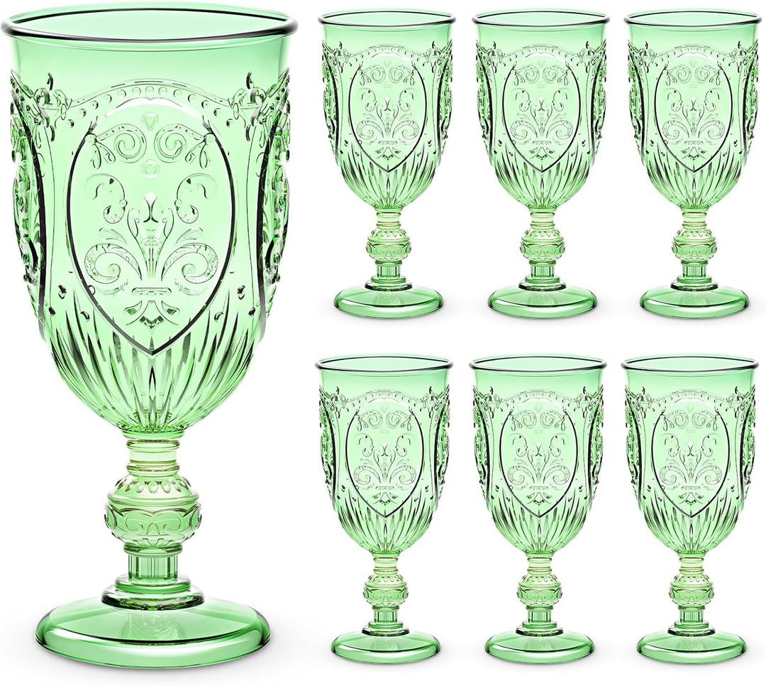 6 Pcs Plastic Goblets 7.5oz Vintage Goblet Plastic Wine Glasses Colored Retro Embossed Water Goblets for Wine Bar Juice Baby Shower Wedding Reception Grand Event Party (Green)