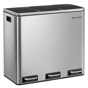 SONGMICS LTB54NL 3 x 18L Kitchen Bin Sorting Bin with 3 Compartments, Waste, Compost, Soft Close Lids, Pedals, Inner Buckets, Steel, Metallic Silver and Ink Black