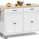 Rovibek Kitchen Island on Wheels Large in Rolling Island Wood Mobile Portable Kitchen Islands White with Drawers Cabinet Spice Rack Towel Rack Storage Pure White