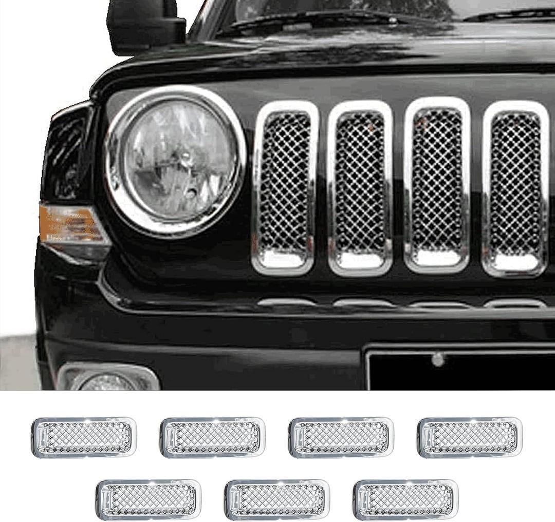 Front Grille Grill Mesh Insert Decoration Trim Cover Compatible with 2011-2016 Jeep Patriot, ABS Chrome 7pcs