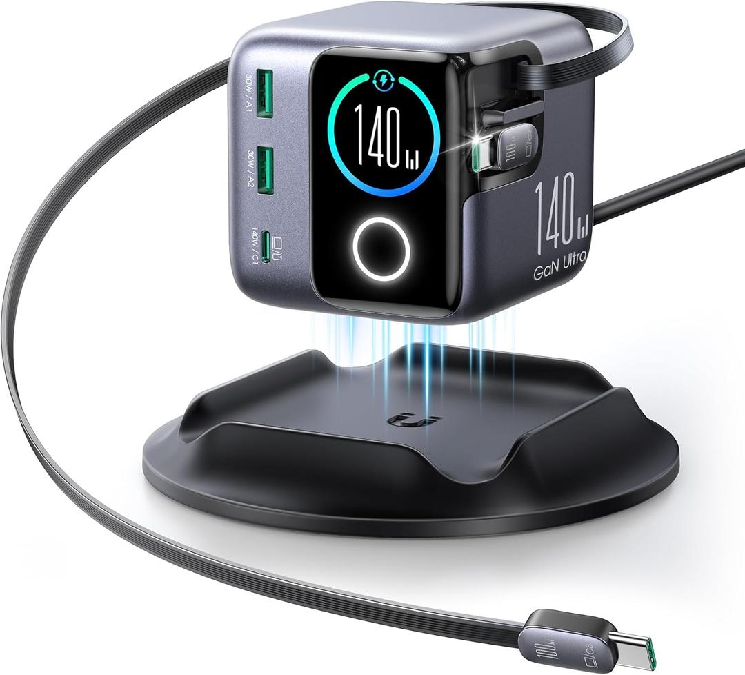 JOYROOM 5-in-1 USB C Charging Station, 140W Ultra-Fast 5-Port Desktop Charger with Dual Retractable 100W USB-C Cables (2.6ft), 1.54 Smart LCD Power Display for MacBook, iPhone, Home & Office