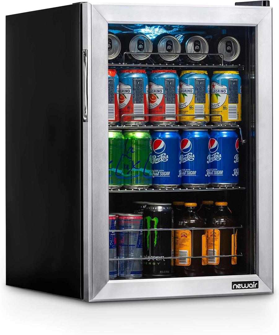 NewAir 90 Can Beverage Refrigerator | 17 Freestanding Small Mini Fridge for Bedroom, Home Bar or Office | Quiet Compressor Cooling & Adjustable Shelves | Stainless Steel