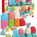 Soft Blocks Montessori Stacking Toys for toddlers 1-3, 29 PCS Baby Building Blocks, Educational Learning Toys with Fruits, Animals, Colors & Shapes, Connectable Texture Blocks Vehicles Festival Gift