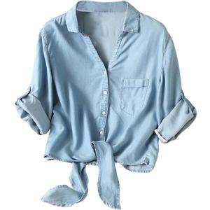 Dauocie Women's Front Tie Tops Casual 3/4 Roll Up Sleeve Button Up Shirts with Pocket (Blue, XXL)