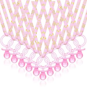 Junkin 60 Pieces Baby Shower Pacifiers Necklace Acrylic Pacifiers Necklace Charm for Baby Shower Party Favors Decorations, Women Style(Pink, Gold)