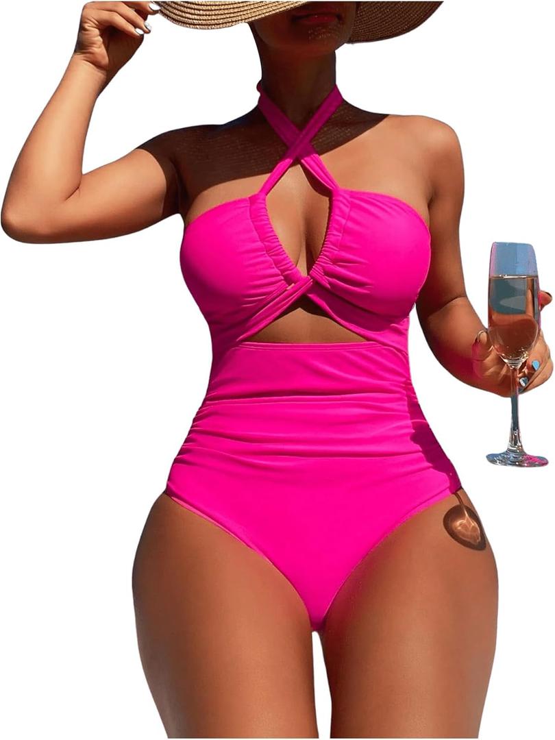 SOLY HUX Women's One Piece Swimsuit Criss Cross Halter Cut Out Ruched Monokini Bathing Suit Solid HotPink, X-Large